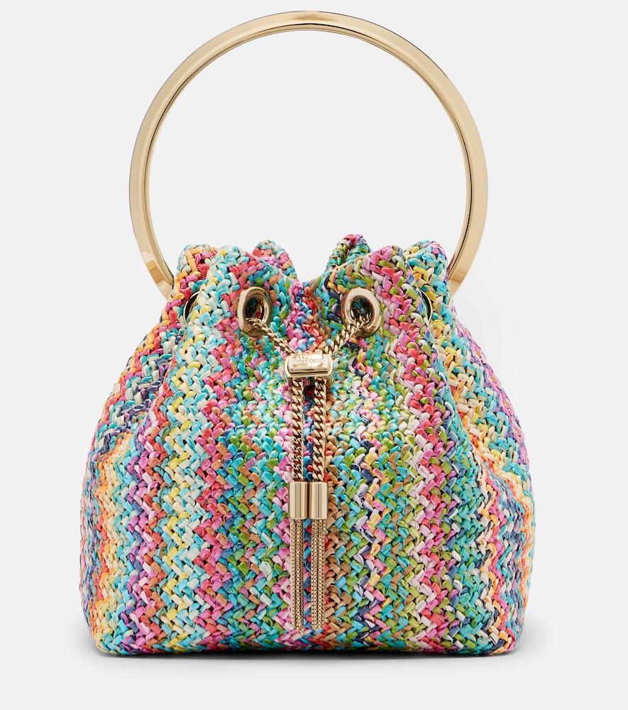 jimmy choo bon bon raffia-effect bucket bag