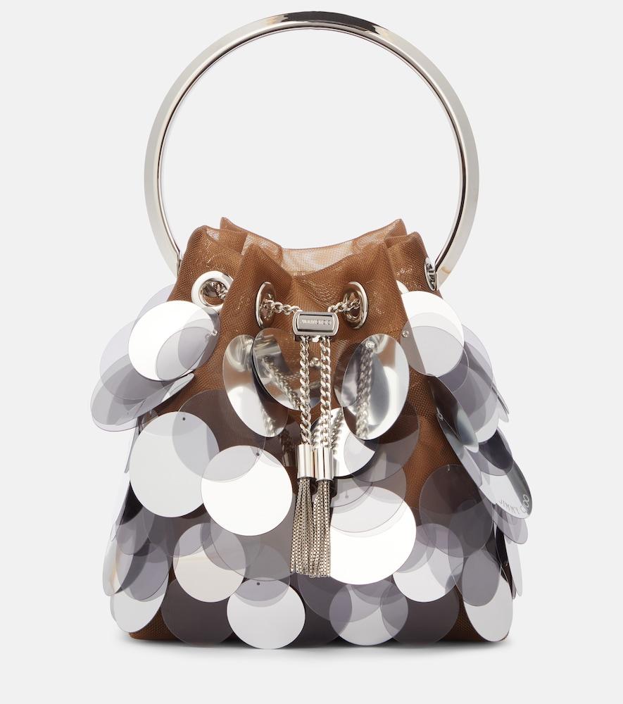 jimmy choo bon bon sequined mesh bucket bag