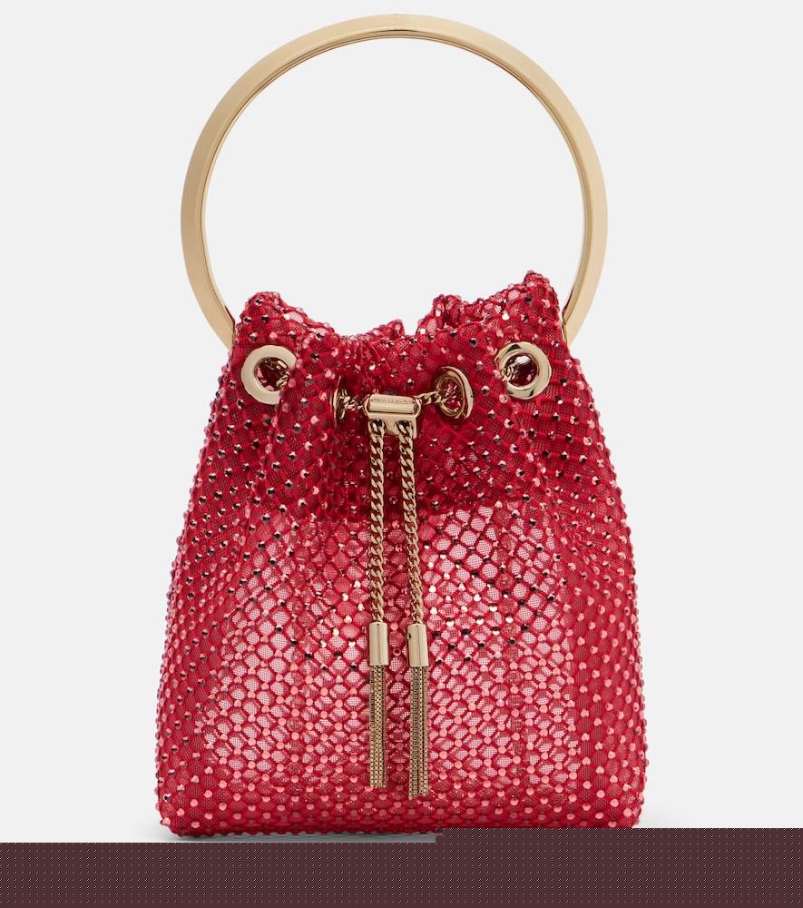 jimmy choo bon bon small embellished satin bucket bag