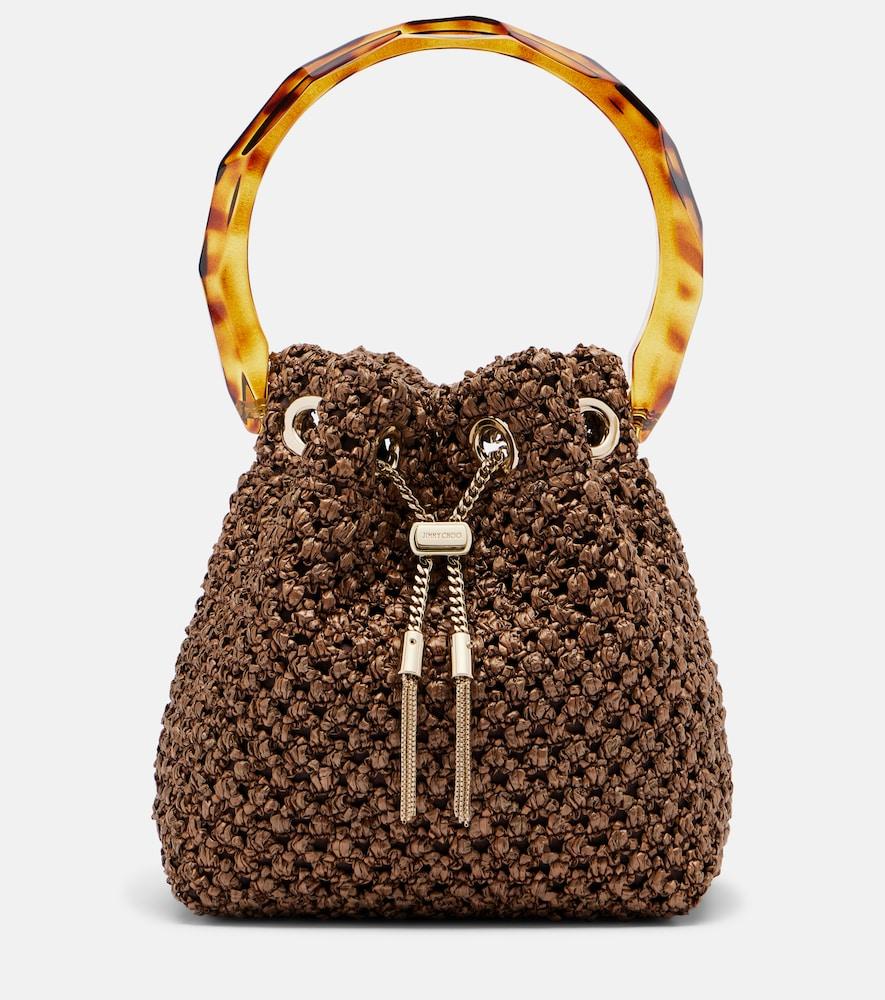 jimmy choo bon bon small raffia-effect bucket bag