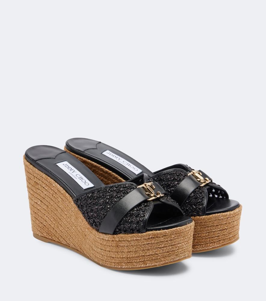jimmy choo leda leather-trimmed raffia wedge mules