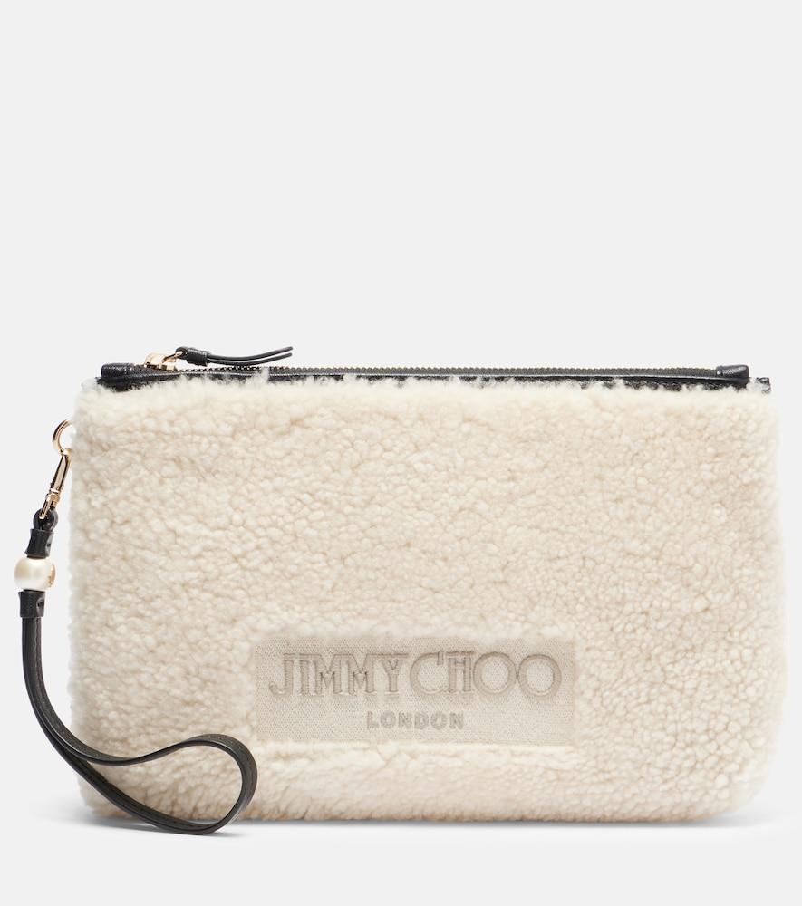 jimmy choo logo shearling pouch with strap