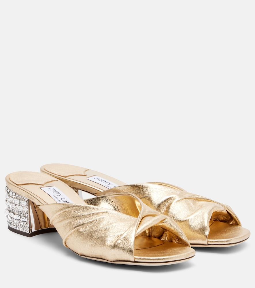 jimmy choo mala embellished metallic leather mules
