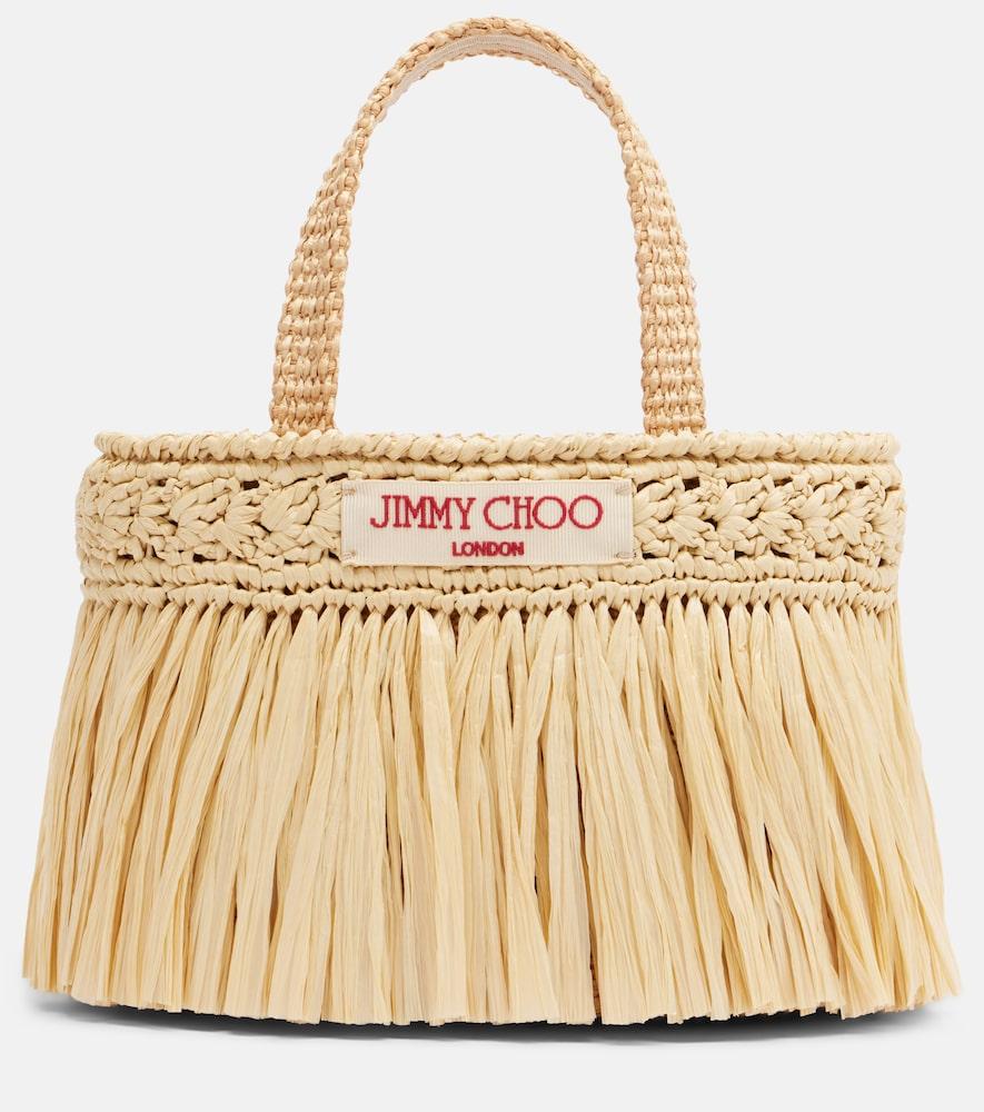 jimmy choo mini fringed raffia top-handle bag