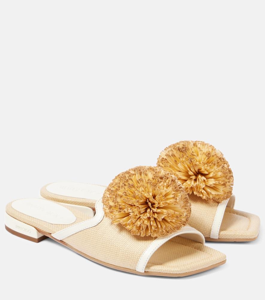 jimmy choo nako leather-trimmed raffia slides