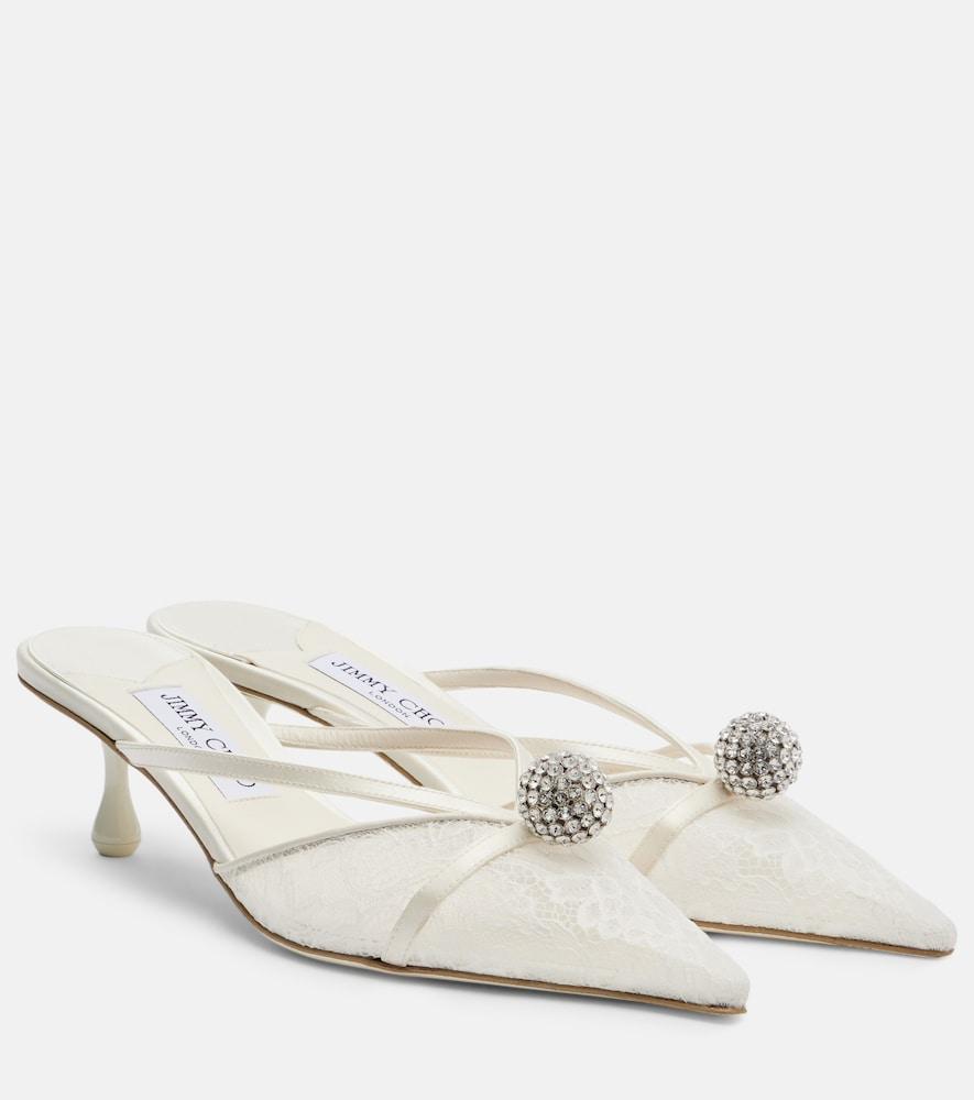 jimmy choo sana embellished leather-trimmed lace mules