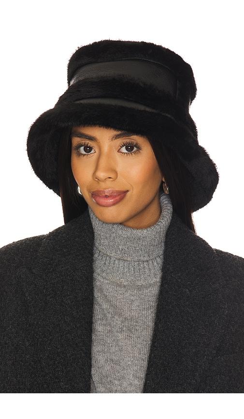 jocelyn faux mink & leather bucket hat in black.