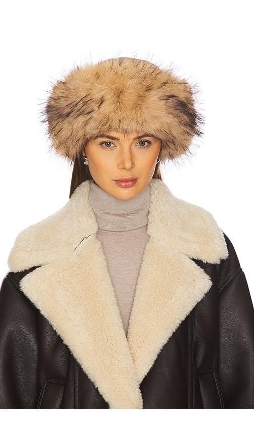 jocelyn faux shearling roller hat in brown.