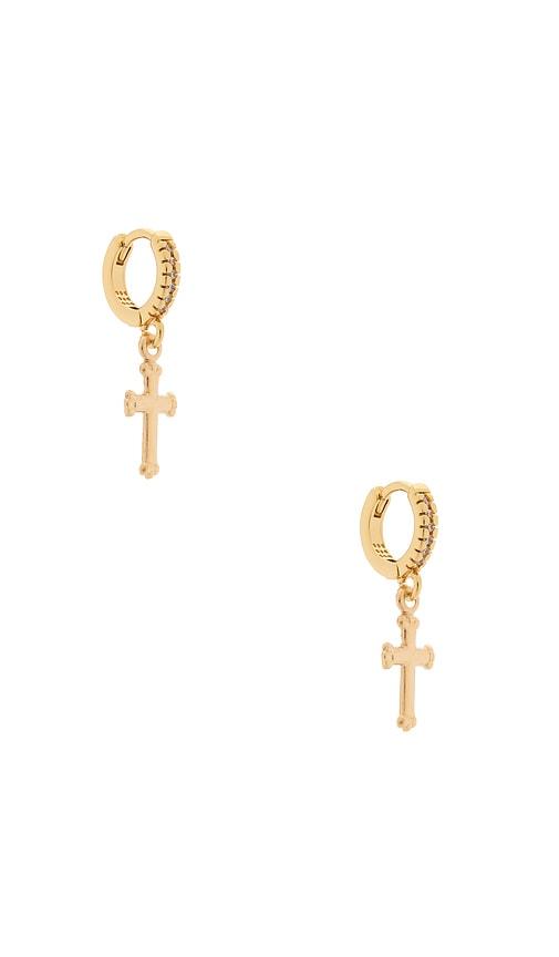 joy dravecky jewelry maldives cross hoop earrings in metallic gold.