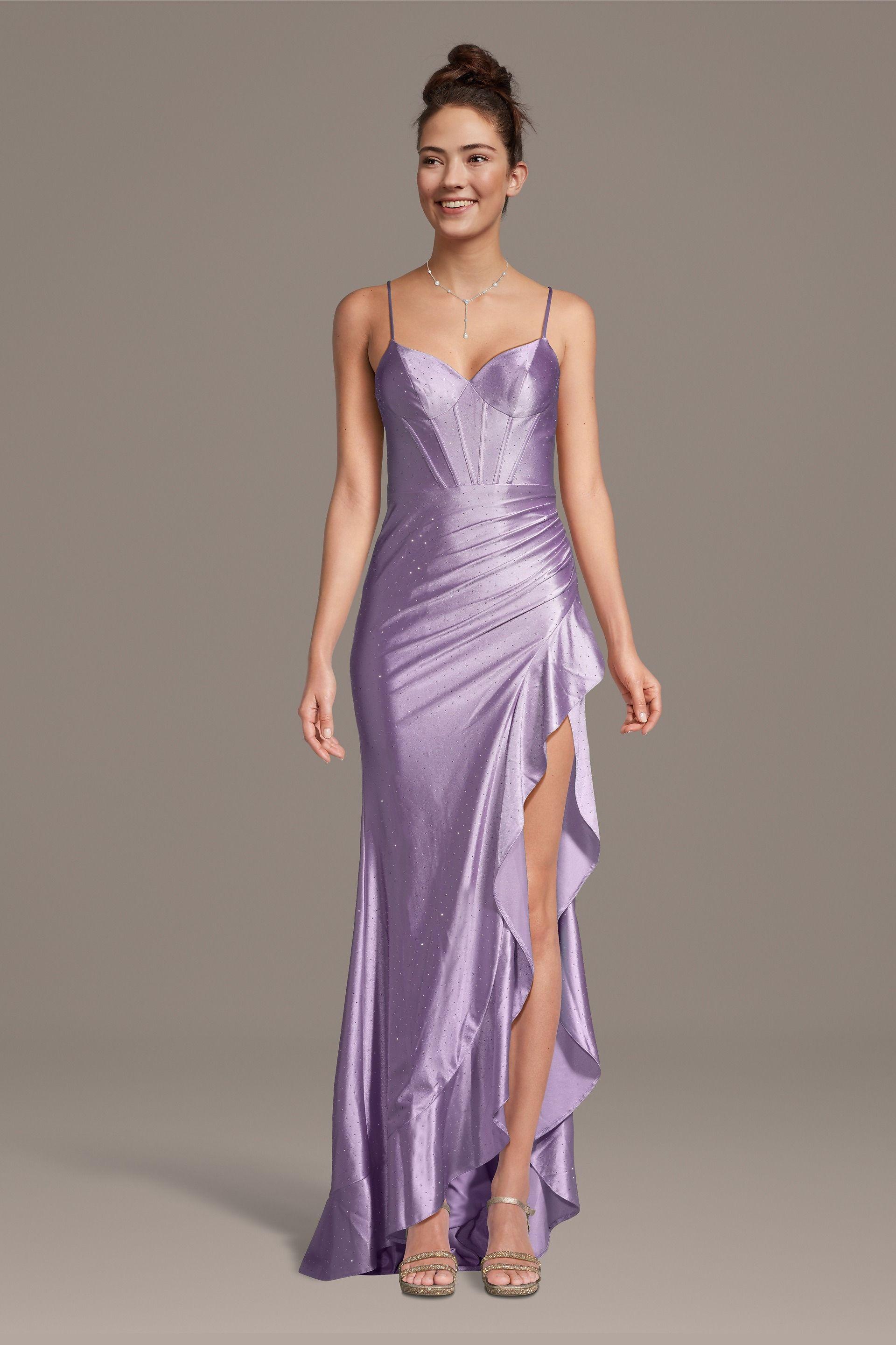 jules and cleo sculpting satin v-neck corset ruffle sheath dress in lavender size: xl david's bridal