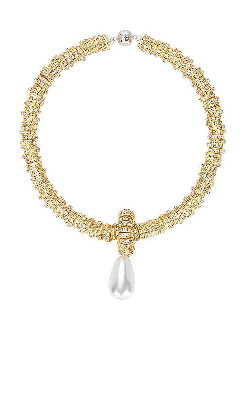 julietta pearl drop gold necklace in metallic gold.