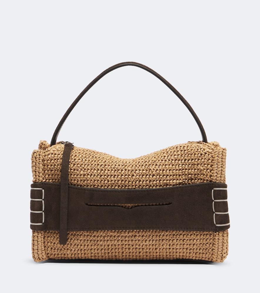 jw anderson loafer small suede-trimmed raffia top-handle bag