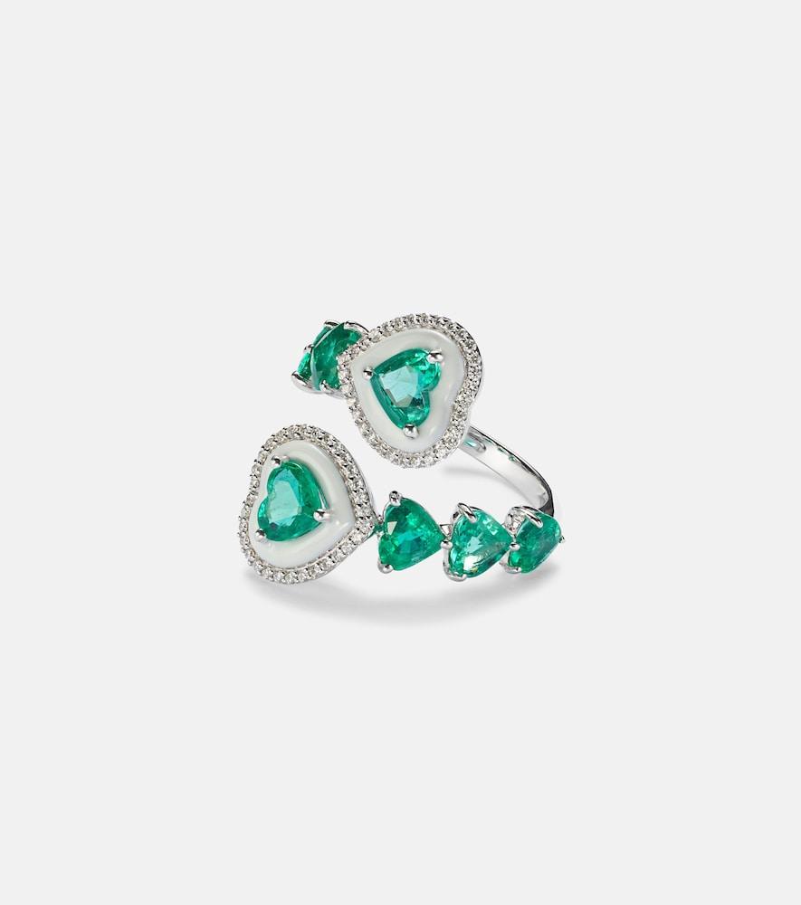 kamyen heart 18kt white gold ring with emeralds and diamonds