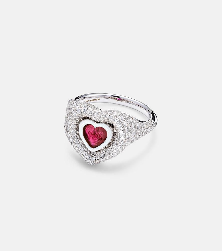 kamyen manaal 2.0 18kt white gold pinky ring with ruby and diamonds