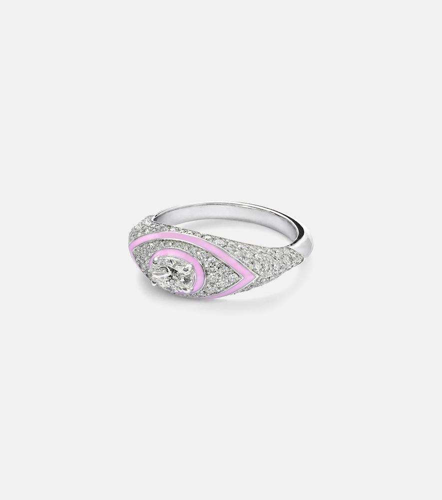 kamyen oval eye 18kt white gold and enamel ring with diamonds