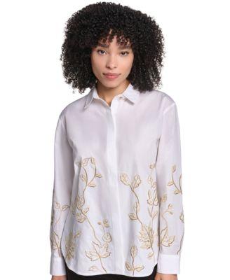 karl lagerfeld paris womens floral embroidered long sleeve blouse