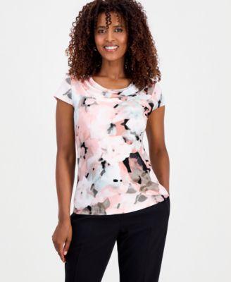kasper womens blurred floral cowlneck top