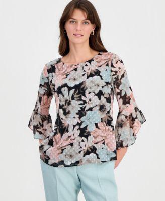 kasper womens floral clip dot 3 4 sleeve top