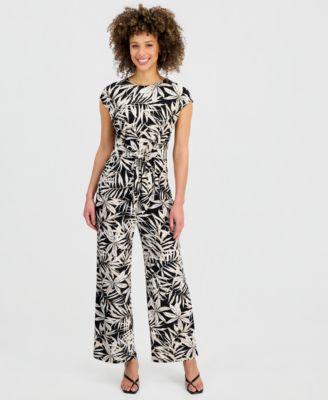 kasper womens printed cap sleeve tie waist top wide leg pants