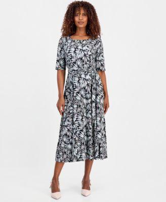 kasper womens printed elbow sleeve fit flare dress