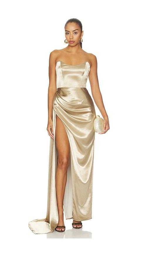 katie may bita gown in metallic gold. - size l (also in m, s, xl, xs)