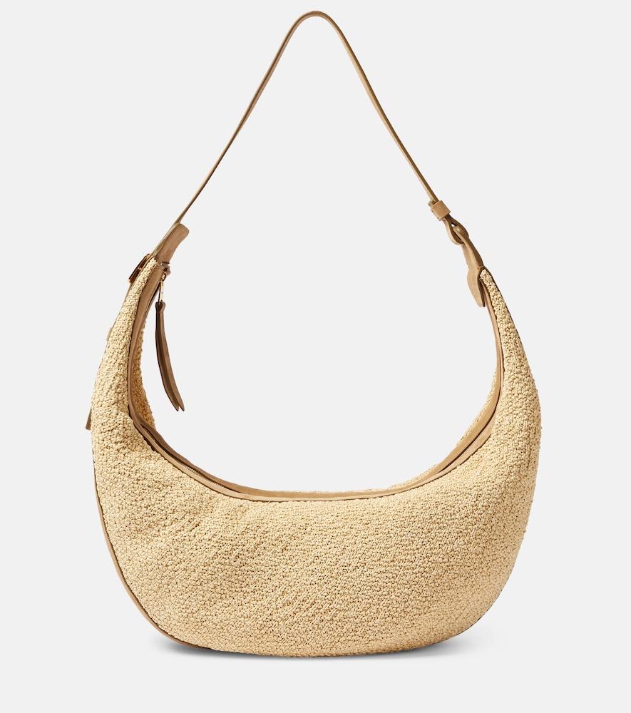 khaite augustina suede-trimmed raffia shoulder bag