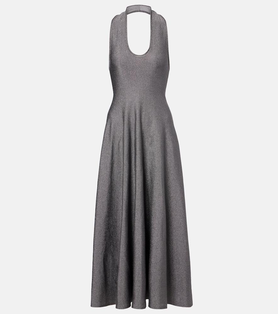 khaite melina halterneck lamé midi dress