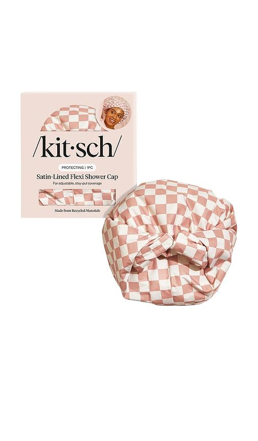 kitsch satin-lined flexi shower cap in terracotta checker.