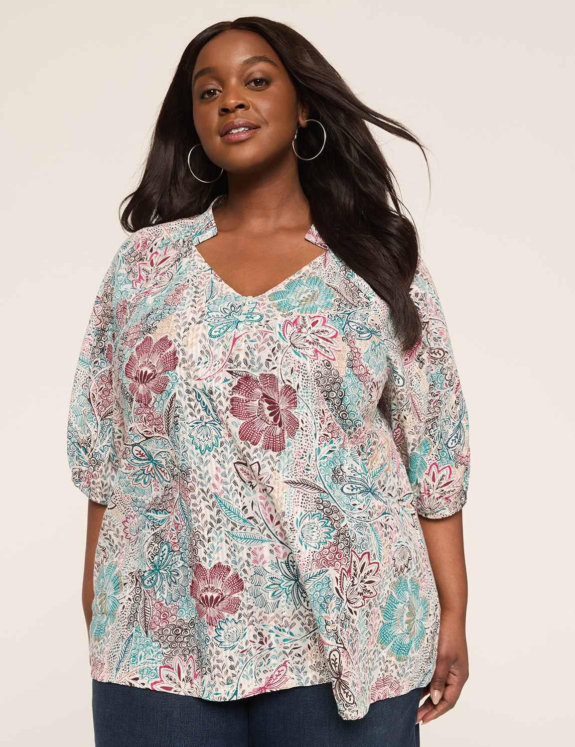 knit & woven elbow-sleeve seersucker top
