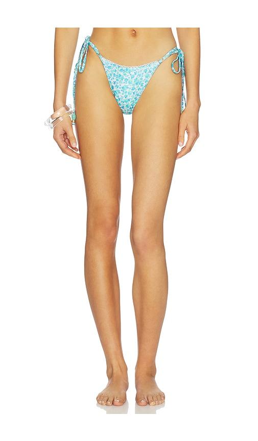 kulani kinis decorative thong tie side bikini bottom in blue,white. - size l (also in m, s)