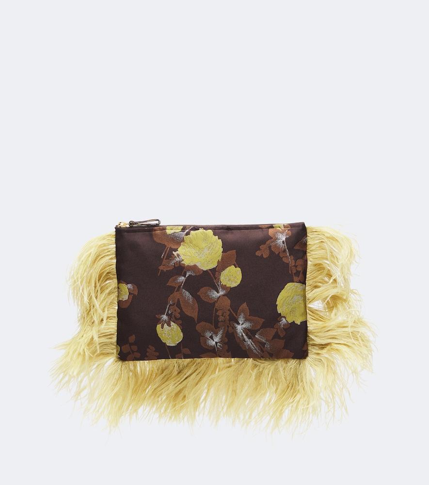 la doublej devon feather-trimmed jacquard clutch