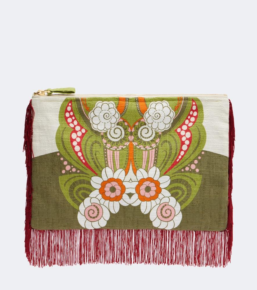 la doublej fringed printed cotton canvas pouch