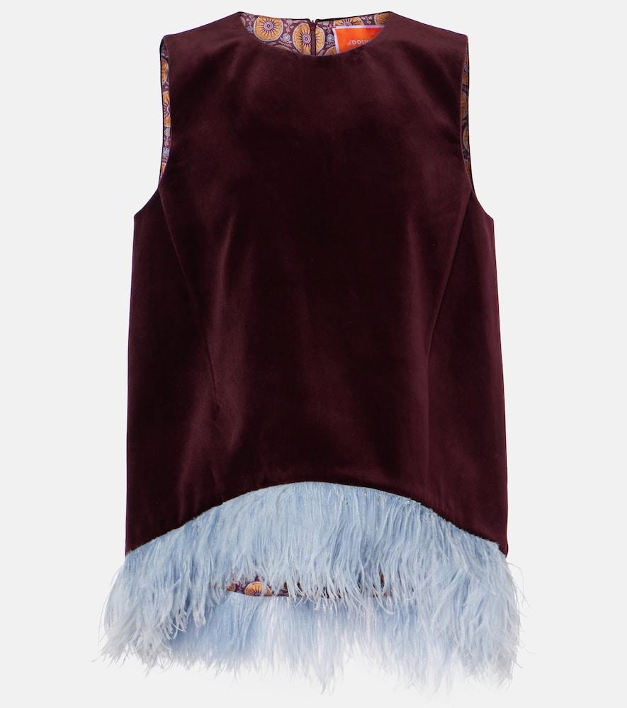 la doublej la scala feather-trimmed cotton velvet top
