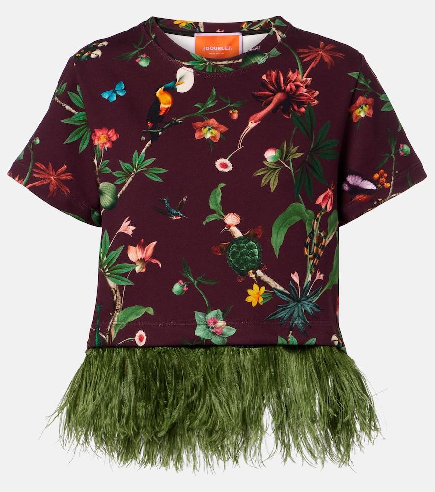 la doublej la scala feather-trimmed printed cotton t-shirt
