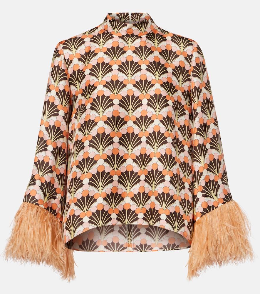 la doublej make an exit feather-trimmed silk twill top