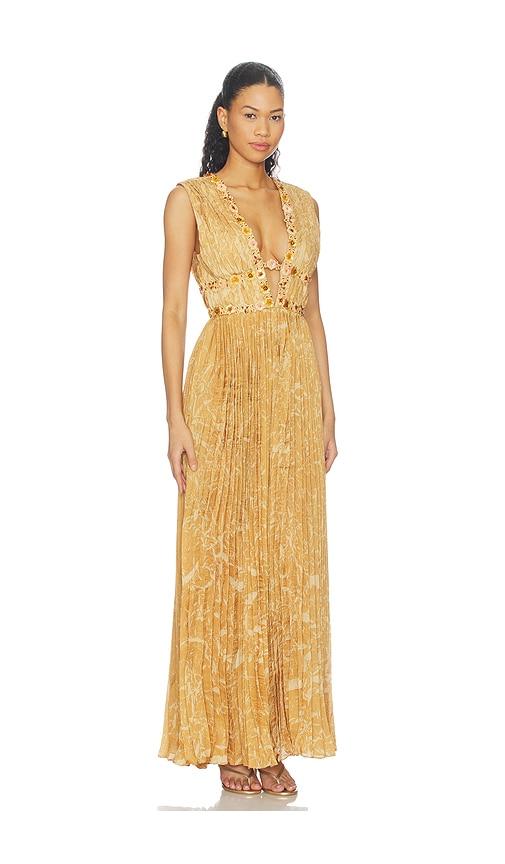 la fuori honeydew printed draped gown in metallic gold. - size l (also in xs, s, m)