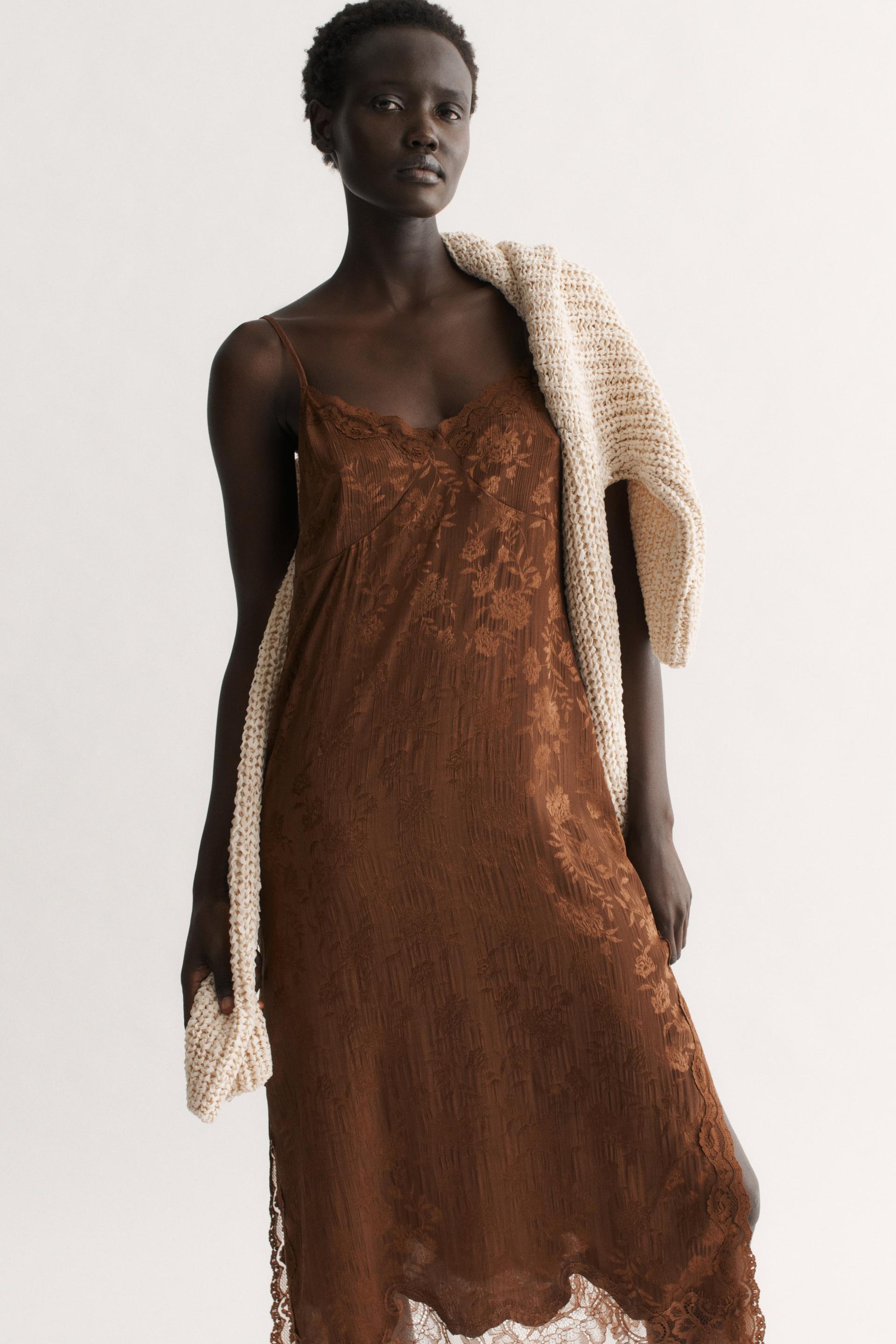 lace-trimmed brocade dress