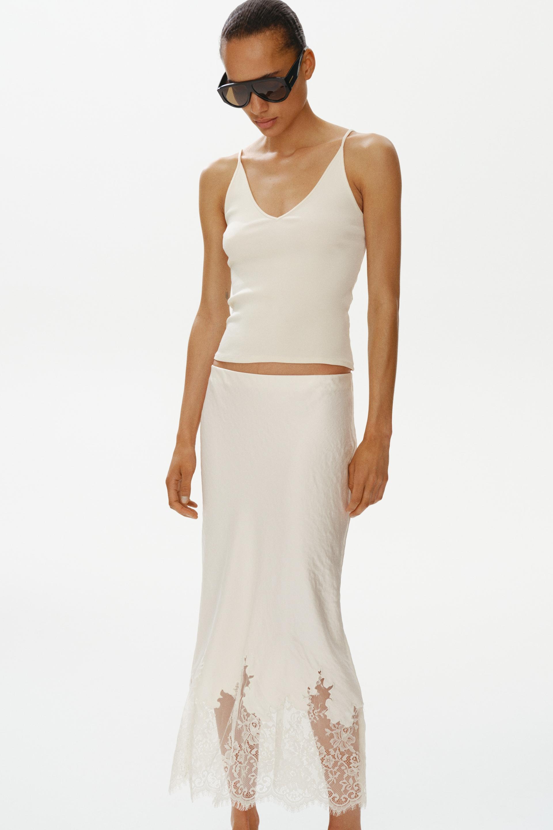 lace-trimmed satin skirt