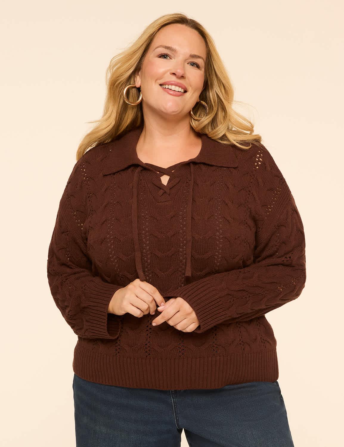 lace-up cable knit pullover sweater