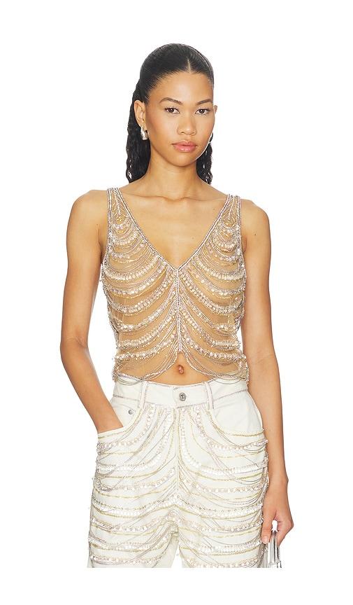 lapointe draped crystal embroidery v neck tank in metallic silver. - size 0 (also in 2)