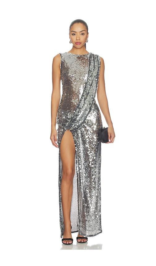 lapointe mesh sequin sleeveless gown with sash in metallic silver. - size 2 (also in 4, 6)