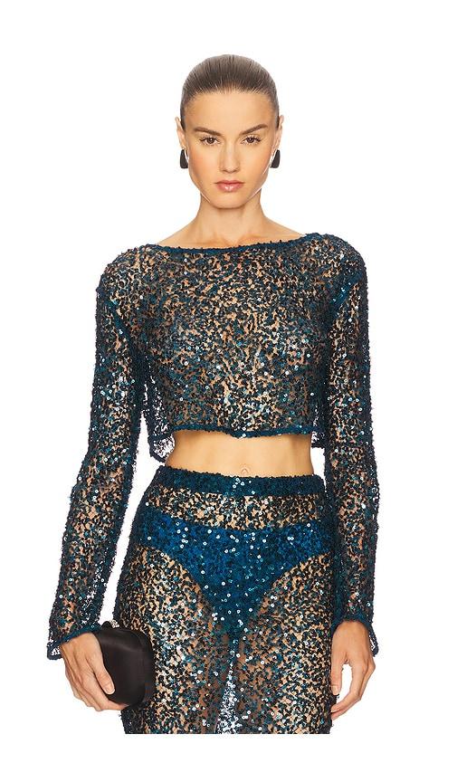 lapointe net paillette top in teal. - size l (also in m, s)