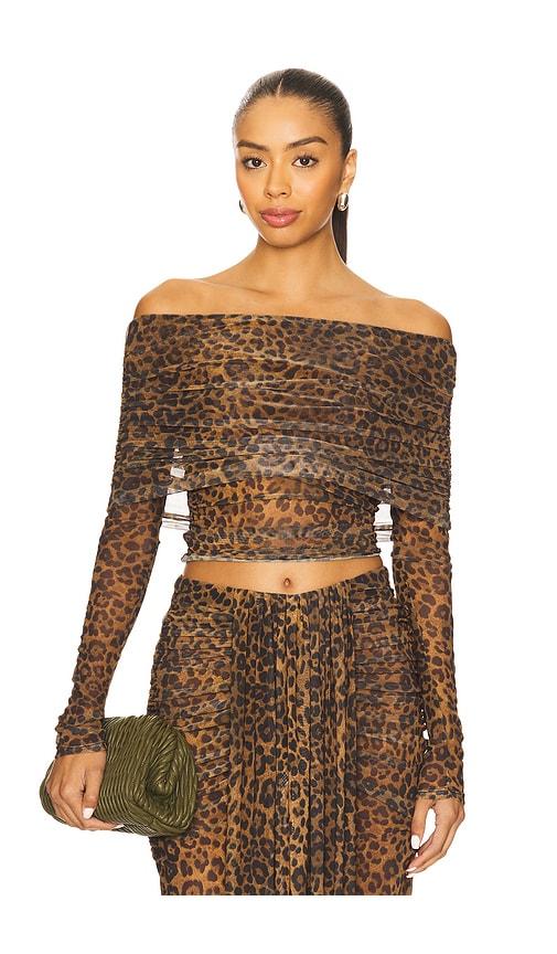 lapointe printed mesh off the shoulder top in brown. - size m (also in s)