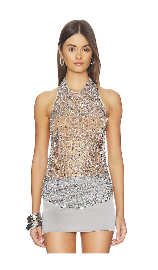 lapointe sequin halter neck top in metallic silver. - size 0 (also in 4, 6)
