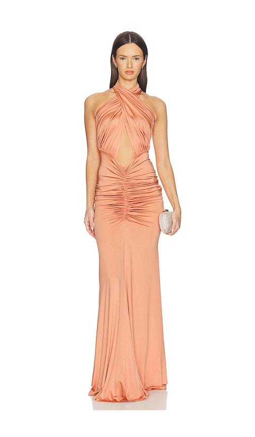 lapointe sleeveless halter ruched gown in coral. - size l (also in xs, s, m)