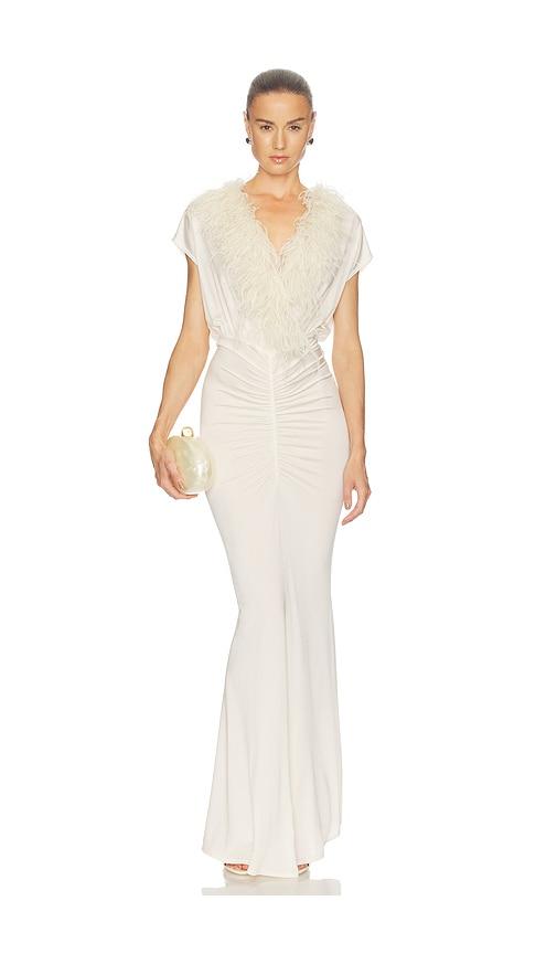 lapointe v neck shirred gown with feathers in cream. - size m (also in s)
