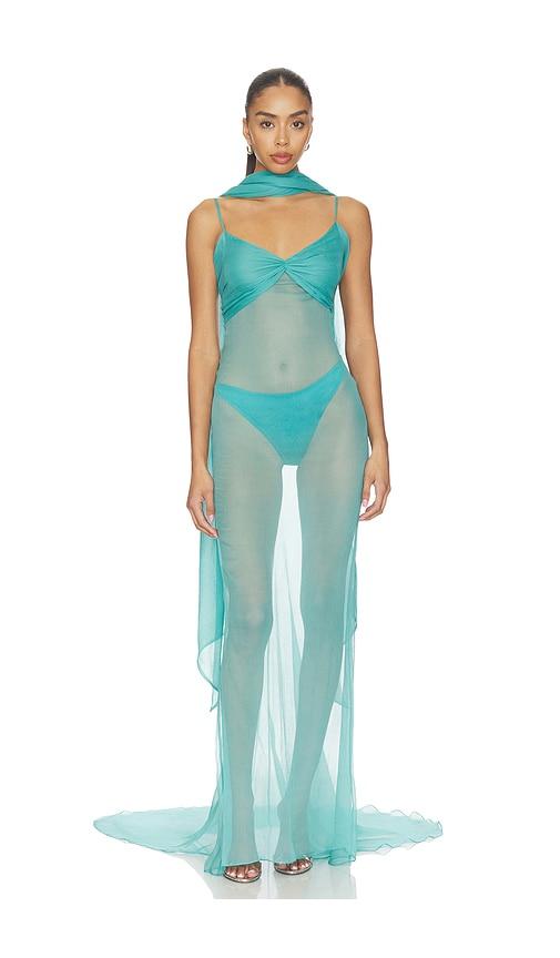laquan smith gown with neck tie detail in teal. - size l (also in xs, s)