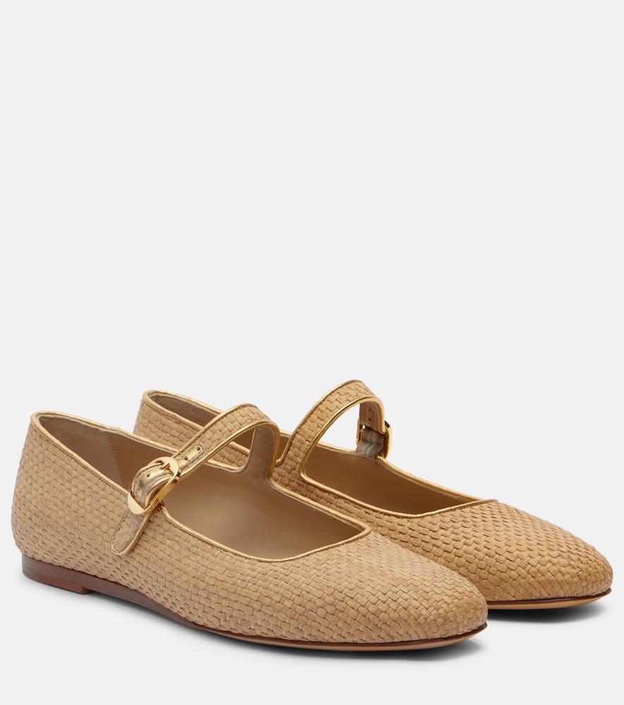 le monde béryl leather-trimmed raffia mary jane flats
