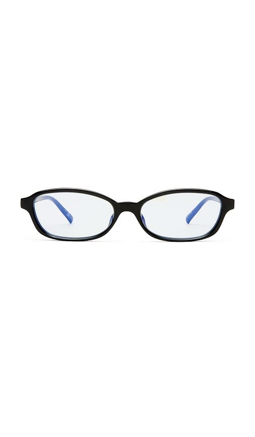 le specs honey pot blue light eyeglasses in black.