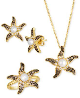 le vian ombre freshwater pearl chocolate diamond starfish ring earrings necklace